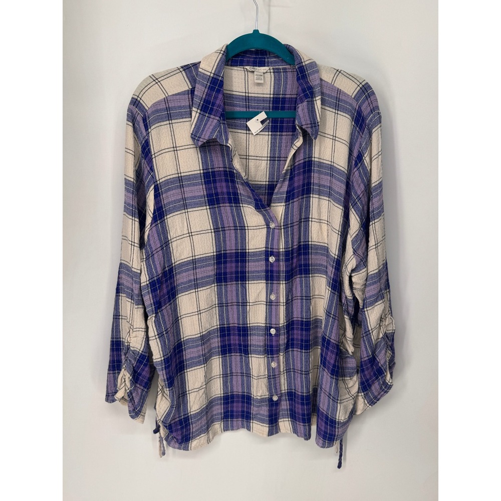 Cato Button Down Women 22/24W Purple Plaid Side Cinch Drawstring Textured Top